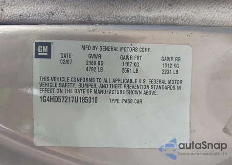 2007 Buick Lucerne Cxl из США, поврежденный, VIN 1G4HD57217U185010